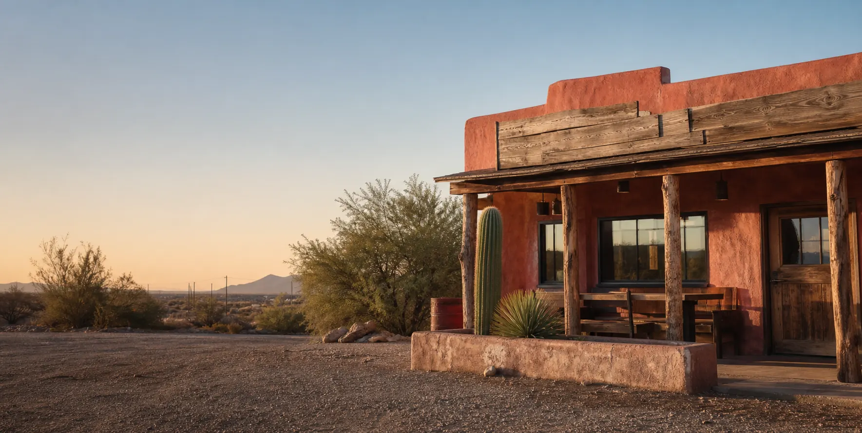 Warm Arizona roadside bar exterior at sunset