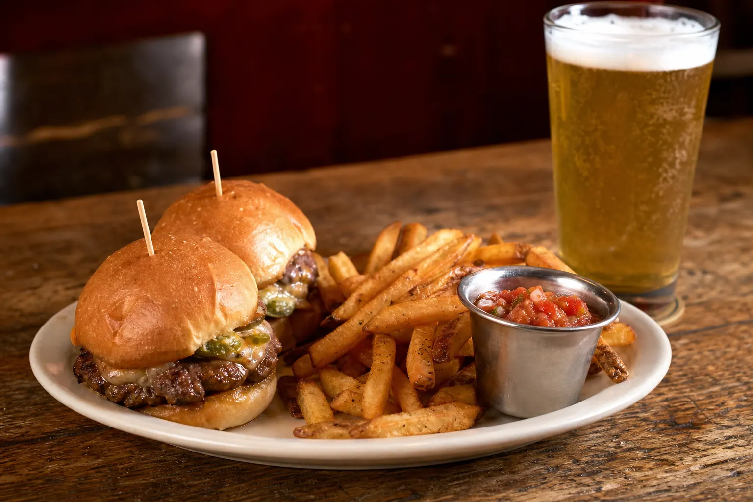 Casual bar food plate with sliders, fries, salsa, and a beer