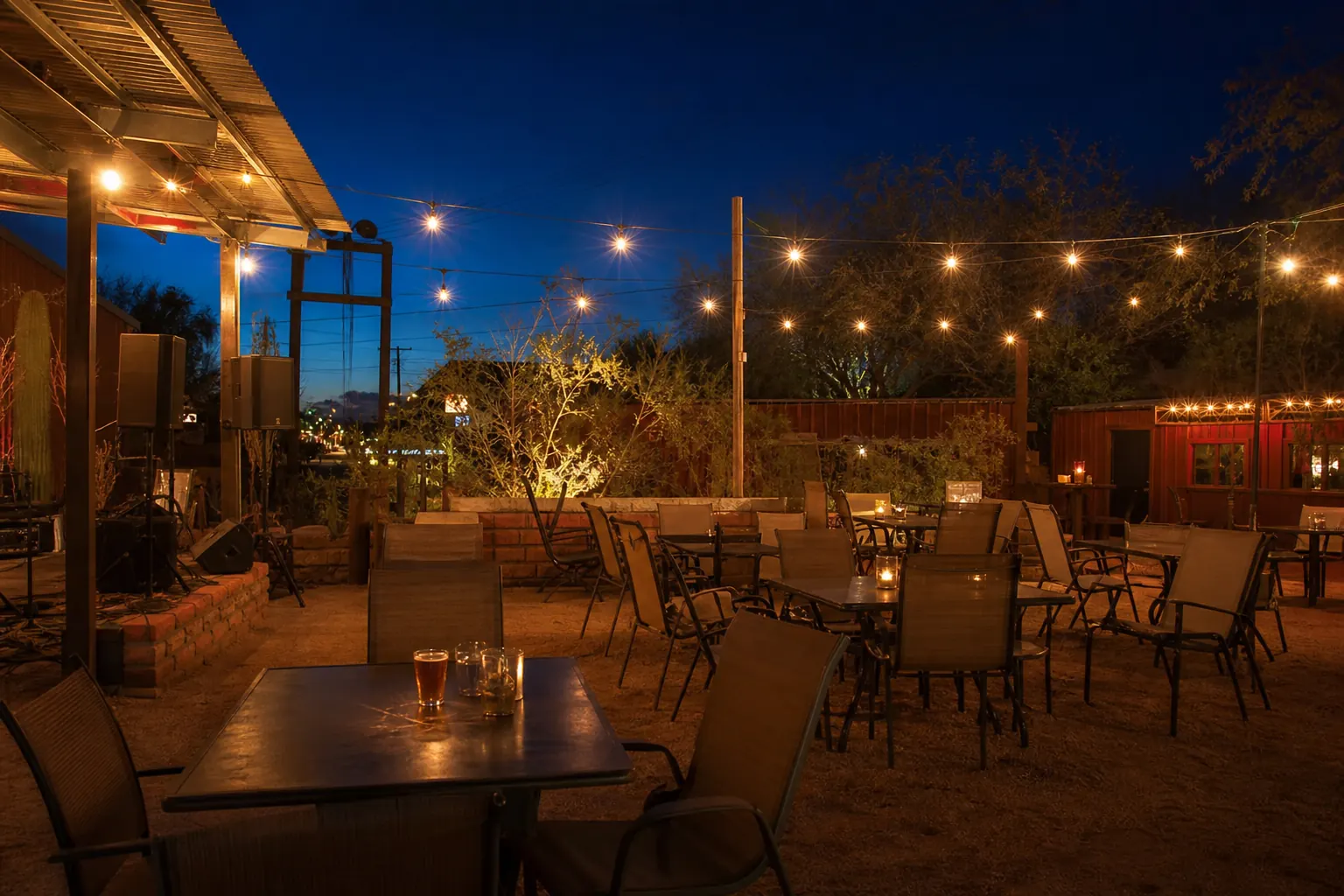 Arizona restaurant patio with string lights at blue hour