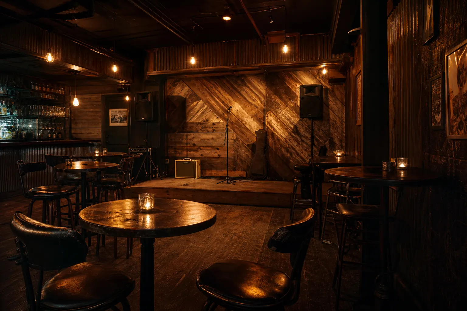 Warm small bar interior with a live music stage